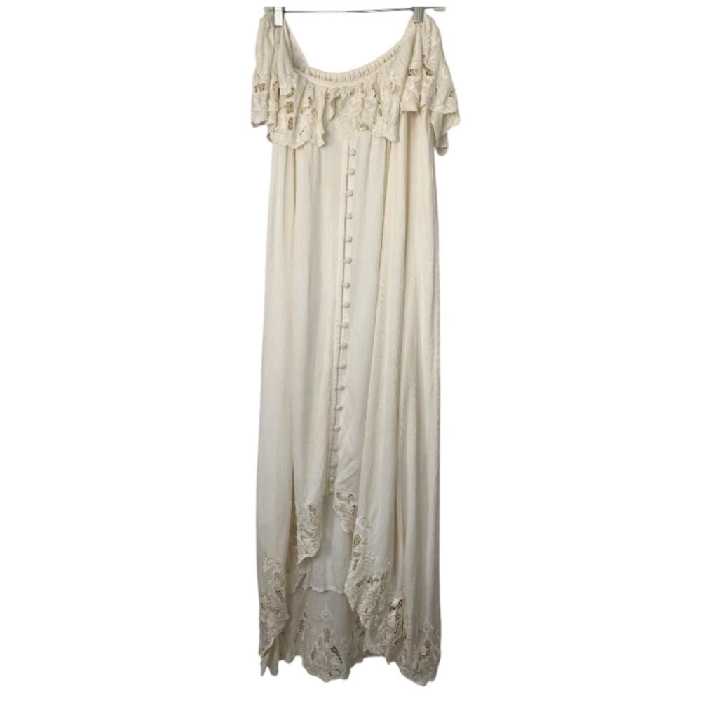 Fillyboo Bohemian Cottage Maxi Dress Ivory Large Relaxed Off Shoulder Lined New